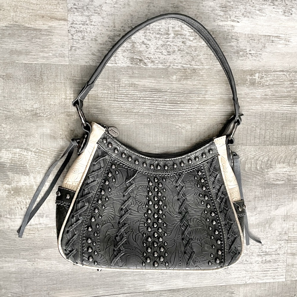 Montana West carved leather braided suede studded